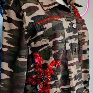 Camouflage Jacket with Red Beaded Accents